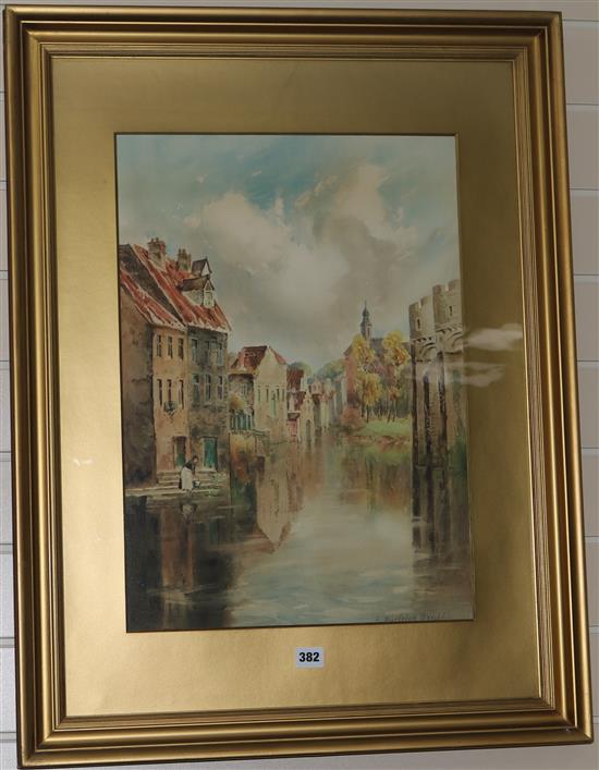 A pair of watercolours, Continental town scenes, signed L. Burleigh Bruhl?, 57 x 37.5cm